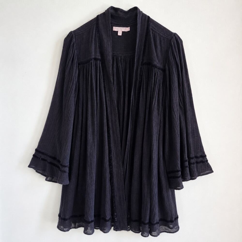 Calypso St Barth Black Cotton Kimono Cardigan Velvet Trim Boho Cover Up O/S